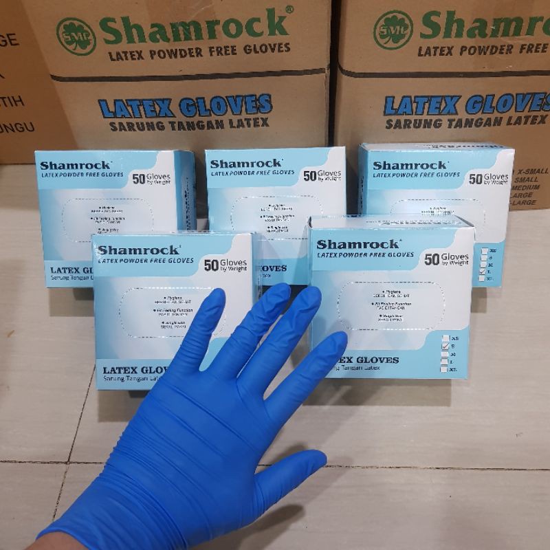 Handscoon SHAMROCK Blue Ecer Sepasang Sarung Tangan Karet Lateks Latex Powder Merek Merk Warna Warni