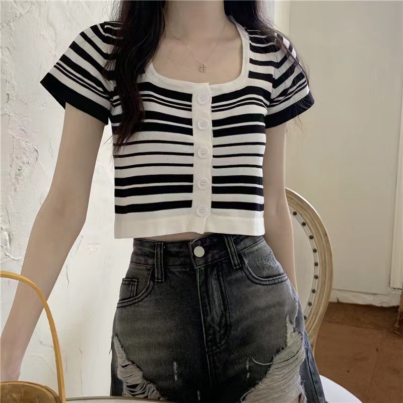 Korean Stripe Button Cropped Short Sleeve T-Shirt Atasan Wanita Motif Garis - Garis 2062