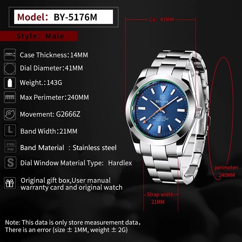 Jam Tangan Benyar Original Homage Milgauss Z-Blue Dial Bracelet Stainles Steel Automatic