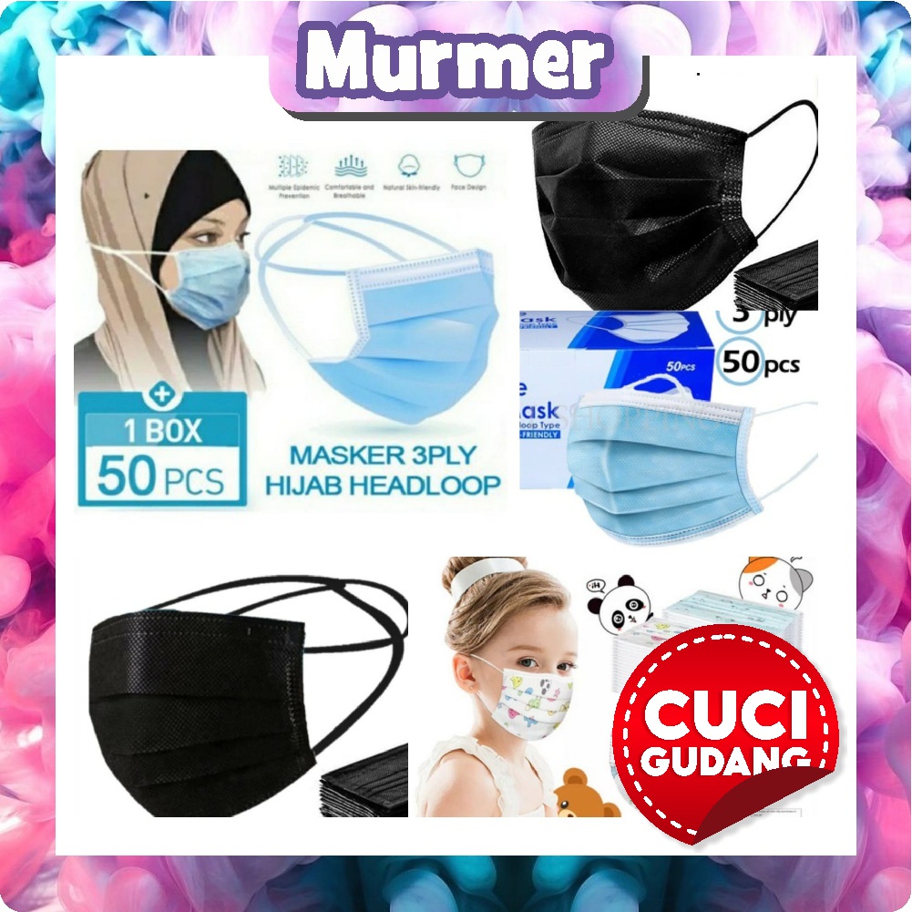 Murmerofficial R458 Masker 3PLY 50PCS Hijap &amp; Anak &amp; Dewasa Earloop Masker Pelindung&amp;Anti Bakteri