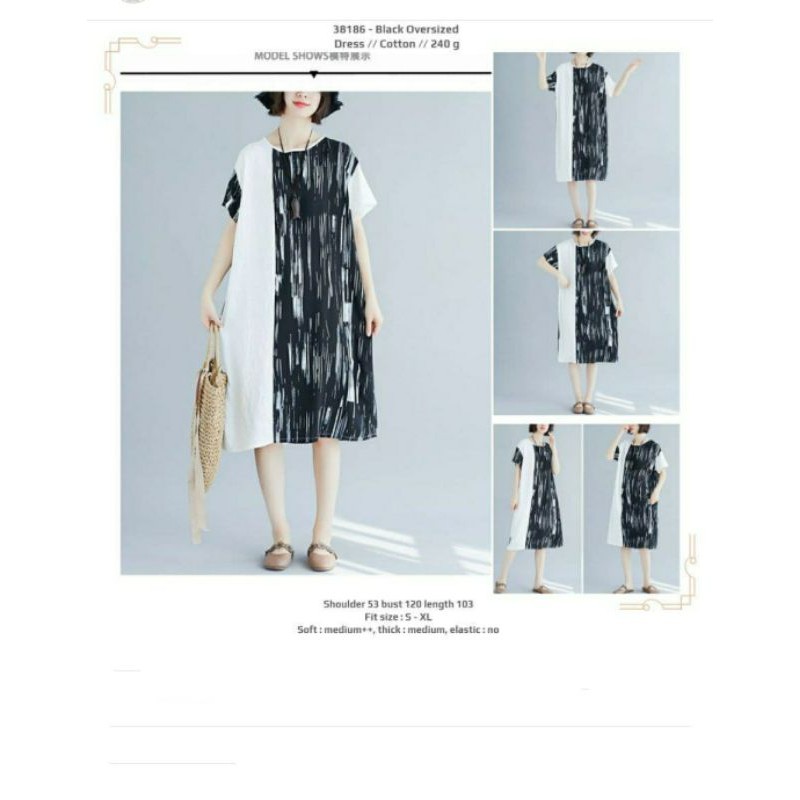 Dress kasual jumbo hitam motif lengan pendek