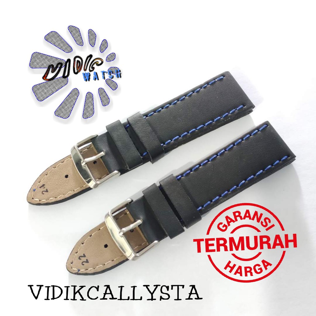 Tali Jam Tangan Kulit 22mm 24mm Hitam kulit jeruk Jahit Warna 22 24