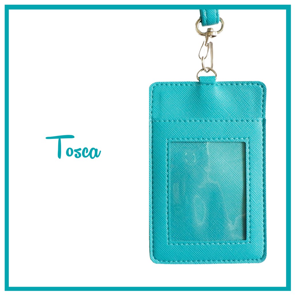 

SOUVENIR WEDDING CUSTOM PRINT ID CARD / NAME TAG HOLDER KULIT WARNA TOSCA