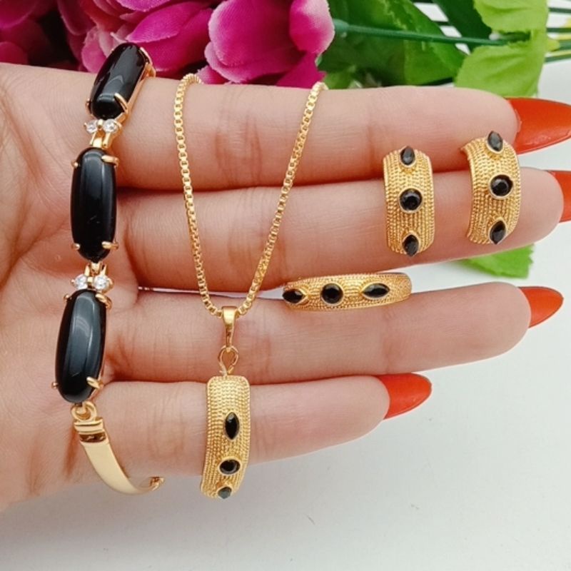 set wanita lapis emas permata giok gelang impor terbaru