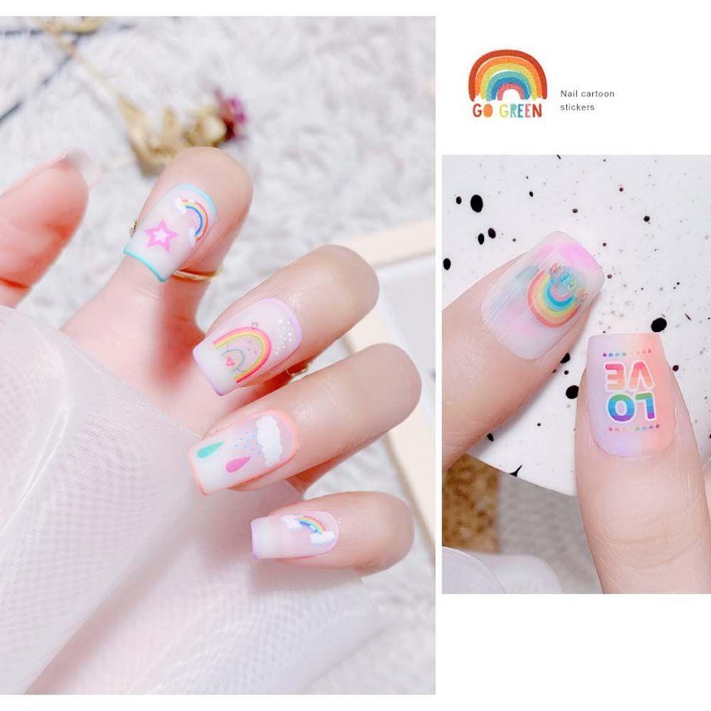 AUGUSTINA Agustina Kartun Stiker Kuku Huruf Pelangi Burung Bunga DIY Dekorasi Nail Art