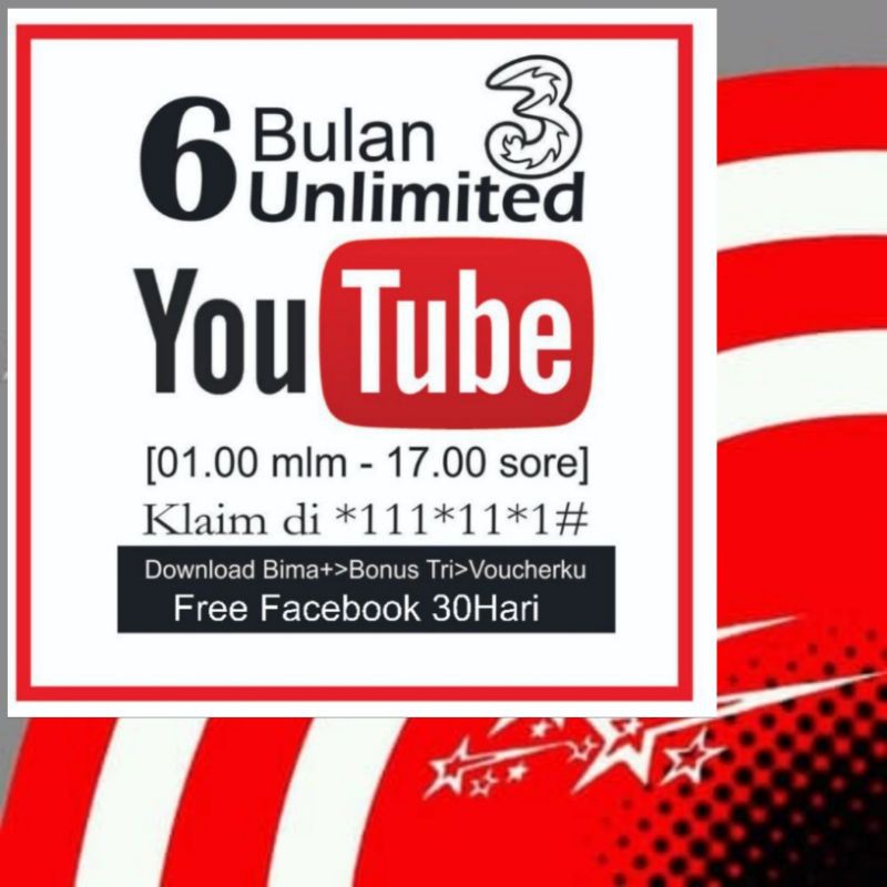Perdana Tri Unlimited Youtube 6 Bulan / Perdana Three Unlimited Youtube