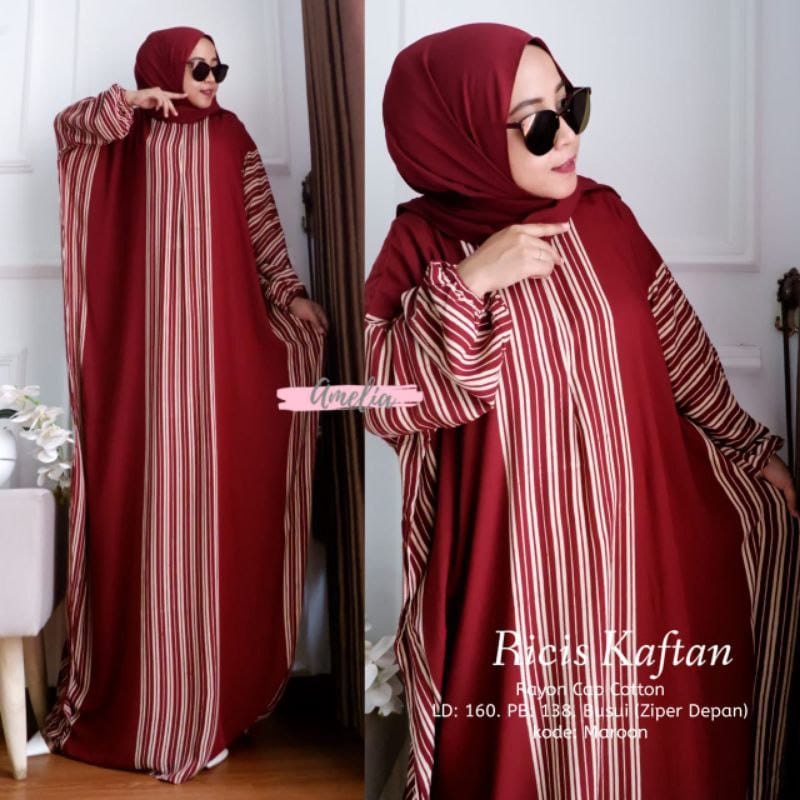 Ricis Kaftan - Kaftan Wanita Jumbo XXXL Busui Resleting Lengan Panjang Motif Garis Lurik / Gamis Kaftan