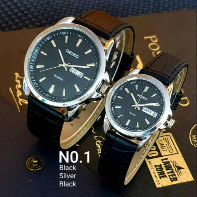 Jam Tangan Couple Seiko SK0003 Tanggal Hari Aktif Tali Kulit Corak