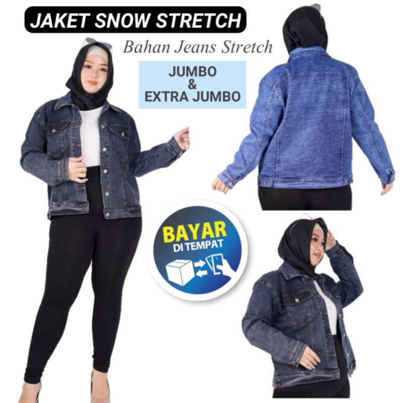 Jaket Jeans Wanita Jumbo Bahan Jens Stretch Tebal Jacket Denim Snow Cewek Dewasa Big Size Ld 120