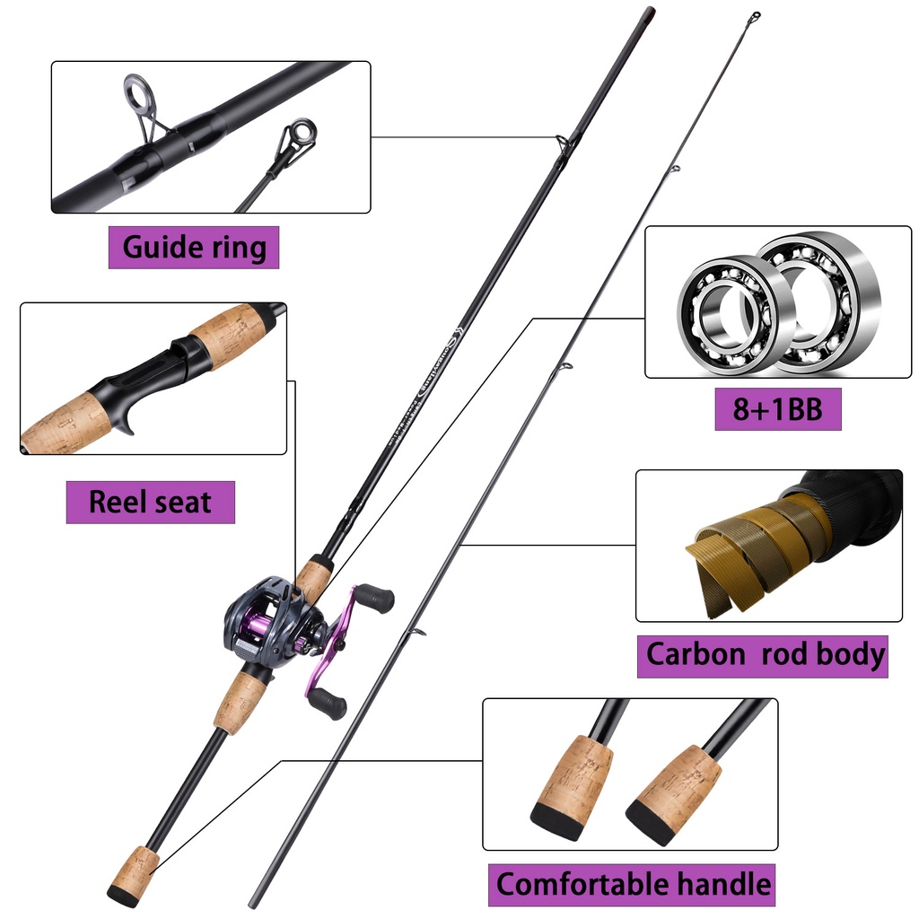 pancing 1 set lengkap kuat Set Tongkat &amp; Gulungan Pancing 1.8m 2.1m 2 Bagian Casting Tongkat Pancing dan 18 + 1 BB 7.2:1 Rasio Gear Rem Magnetik Ungu Baitcasting Reel Memancing Baris Lure Combo Set