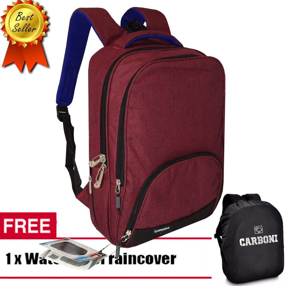 .Carboni Make My Day Original Casual Backpack Laptop Sistem RA00015 17 - Red + Raincover waterproop