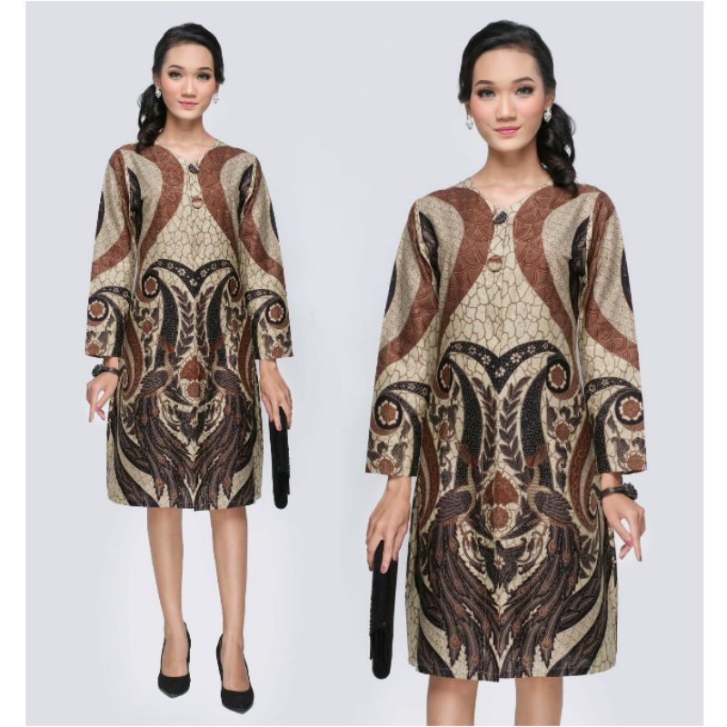 Dress Wanita Batik Jumbo Modern 4L-5L Batik Tunik Atasan Muslim Lengan Panjang Big Size XXXL ZR