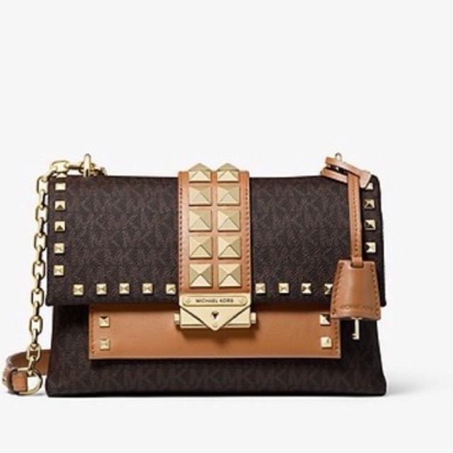 MICHAEL KORS MK Cece Medium Studded Logo and Leather Convertible Shoulder Bag brown acorn