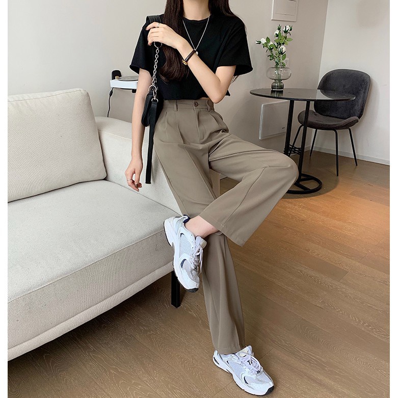 [chaoo.id]Celana panjang lurus pinggang tinggi wanita Korea warna solid celana setelan longgar kasual/wanita Korea semua pertandingan kasual longgar