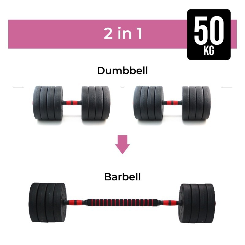 Alat Fitness Gym Beban 50Kg Olahraga Kestabilan Tubuh Barbel &amp; Dumbbell 2in1 Bahan Besi Berkualitas