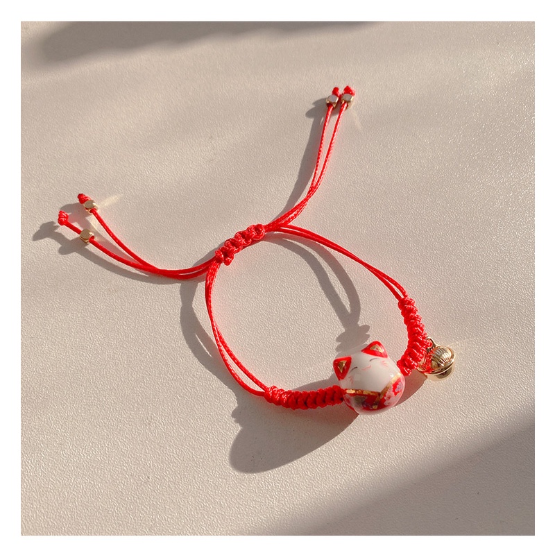 Gelang Tali Kepang Handmade Warna Merah Dengan Charm Kucing Fortune Untuk Pasangan