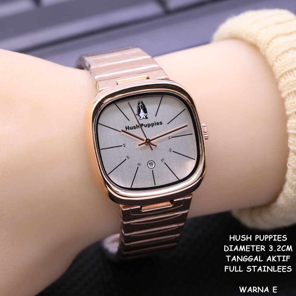 (GOOD QUALITY) Jam Tangan Wanita/Cewek Hush Puppies Segi Full Stainless Tanggal Aktif