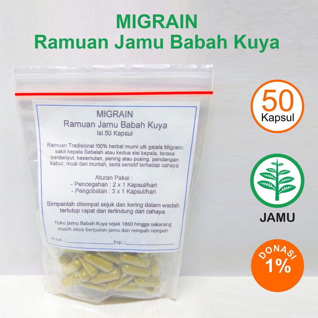 

MIGRAIN 50 Kapsul Jamu Babah Kuya Ramuan Herbal Sakit Kepala sebelah satu sisi