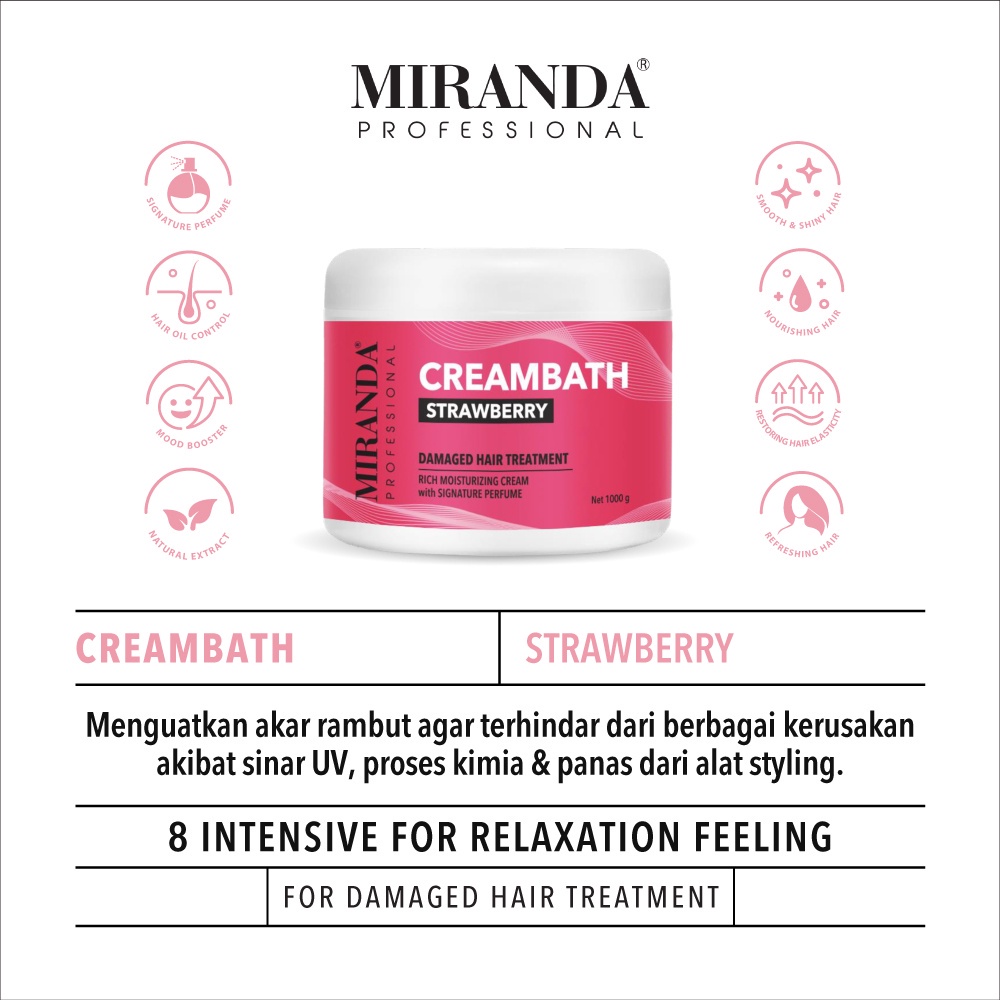 MIRANDA Professional Creambath Strawberry Rose Aloe Vera Mint - Perawatan Pelembab Rambut Rontok Rusak Kering