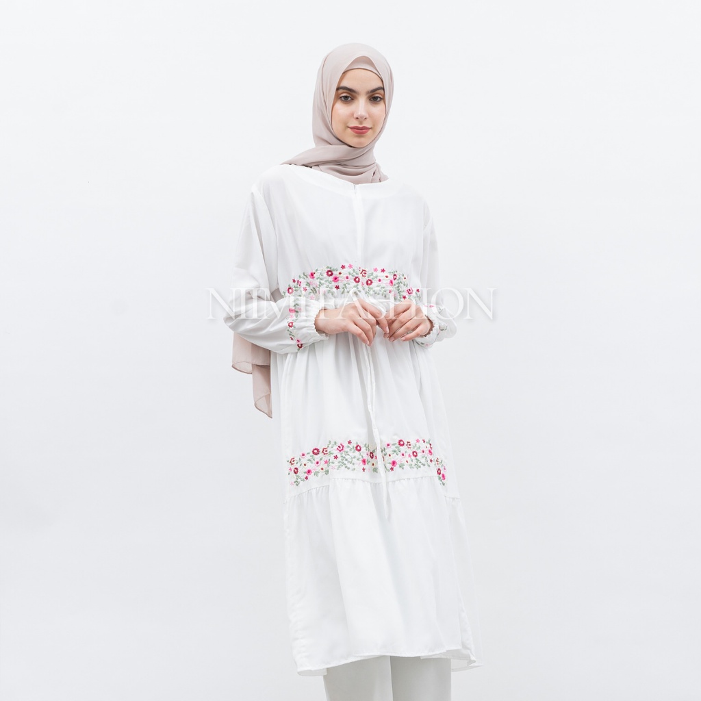 NIMI - Namira Dres Midi Dress Putih Bordir Tunik Putih Premium