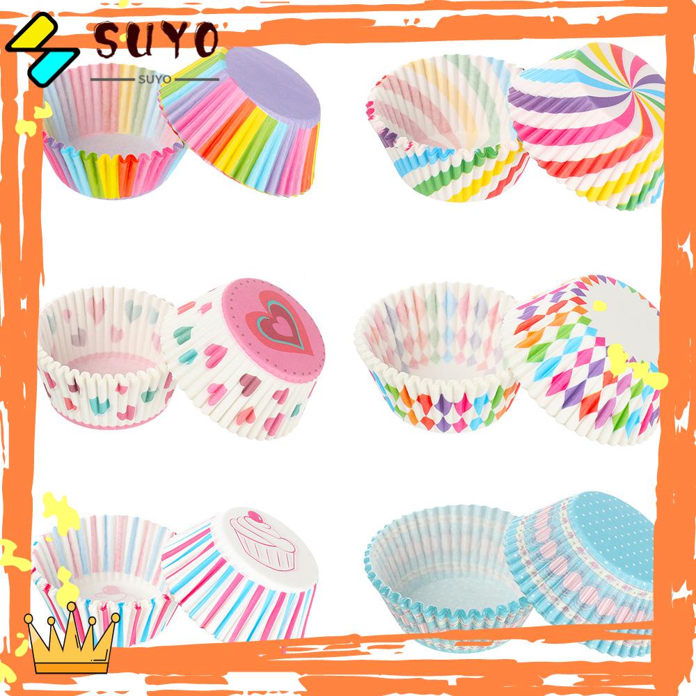 Suyou 100pcs / Set Kertas Pembungkus Cupcake / Muffin Anti Minyak Warna Pelangi Untuk Perlengkapan Dapur