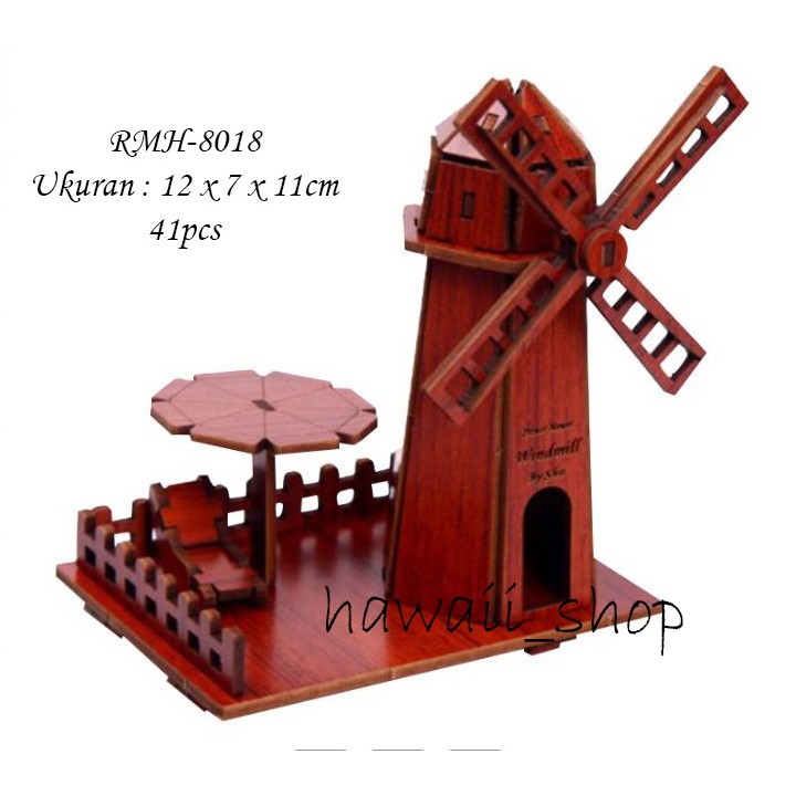 Hawaii Shop Puzzle 3D DIY bahan MDF dilapisin vynil Farm Windmill mainan puzzle edukasi anak (kado &amp; pajangan)