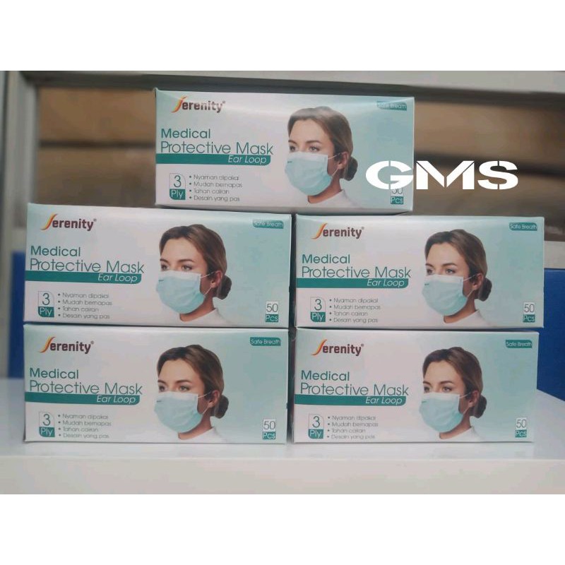 Masker 3 Ply Earloop - Karet Serenity Per Box isi 50 Pcs / Masker Medis / Surgical Face Mask