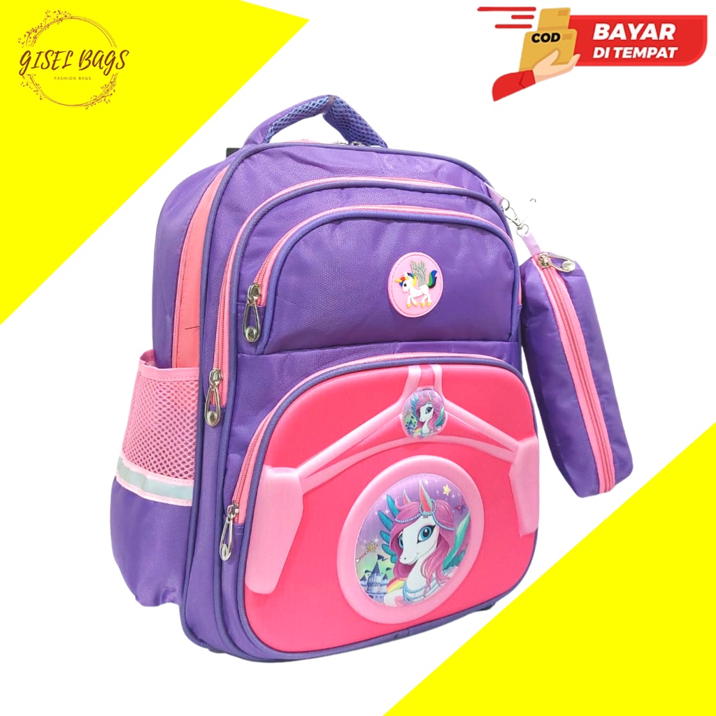 GB Tas sekolah anak perempuan gambar timbul ransel anak import bahan tebal ransel anak sekolah