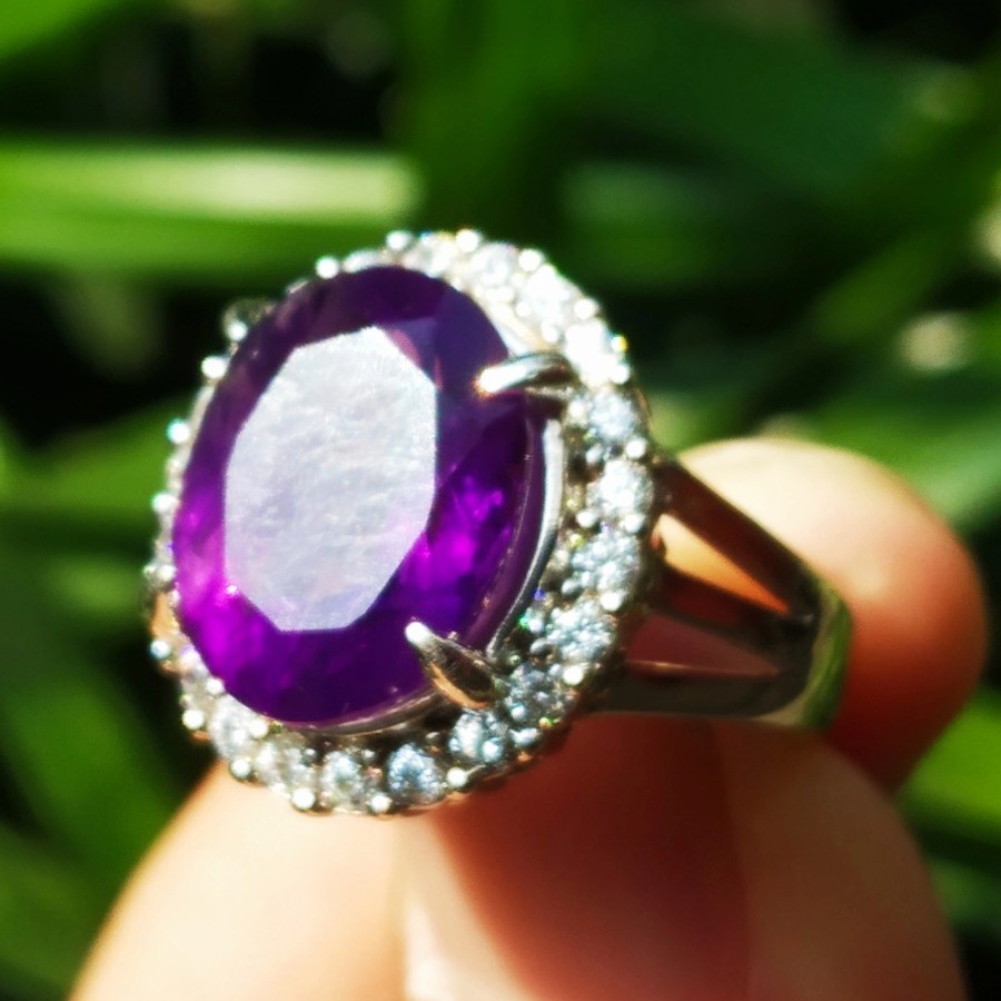 Cincin Alpaka Couple Batu Akik Kecubung Ungu Amethys Pria Wanita HQ Istimewa