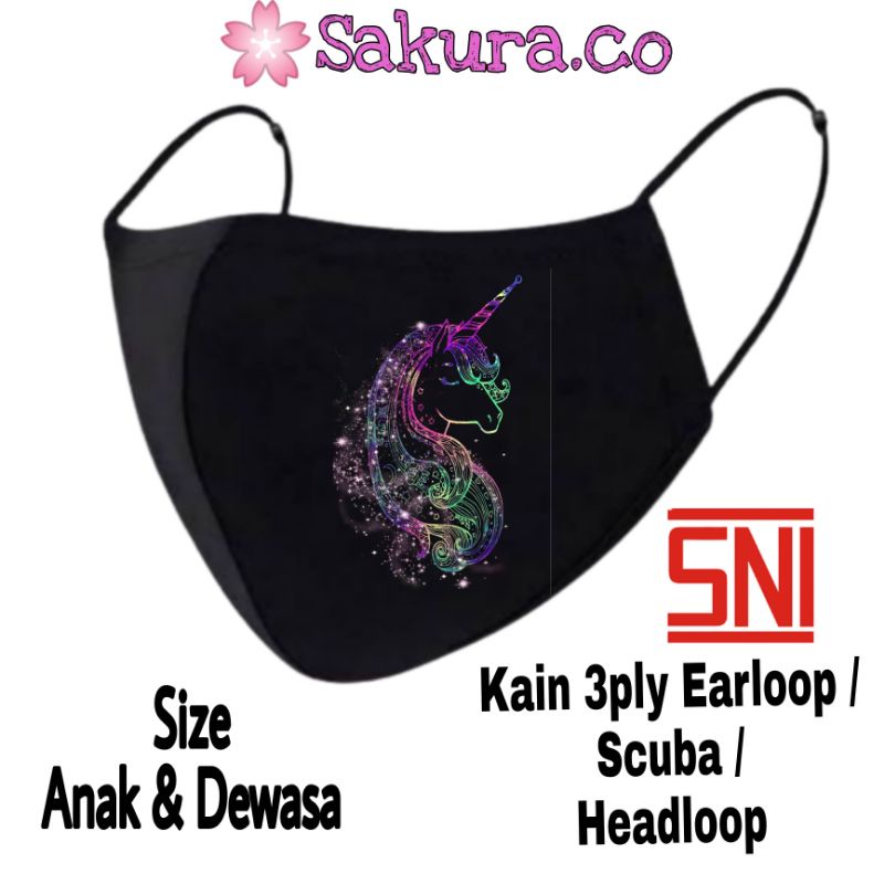 Masker Kain 3 Lapis UNICORN - Masker  HITAM 3PLY / Earloop 3 PLY / Scuba  karakter anak dewasa / Headloop