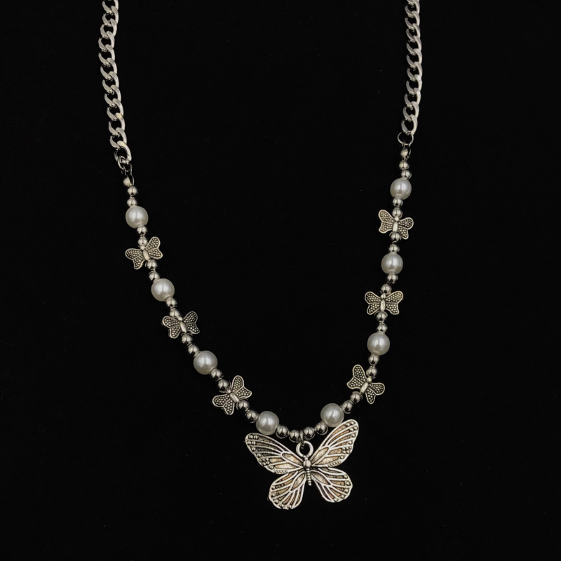 Pearl Butterfly Necklace Retro Personality Hip Hop Pendant Titanium Steel Chain Stitching Trend