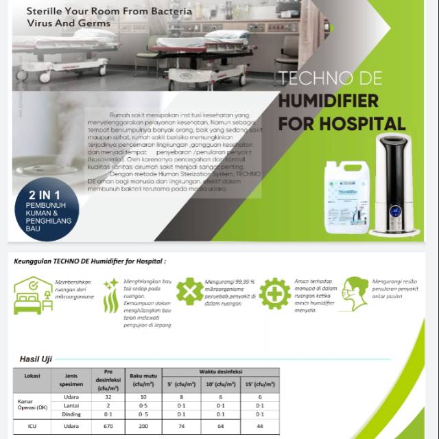 Techno de humidifier 5 liter untuk desinfeksi kuman dan virus di udara dan permukaan lunak