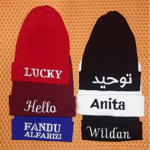 Bordir nama beanie hat kupluk spandex custom nama request bordir cetak nama