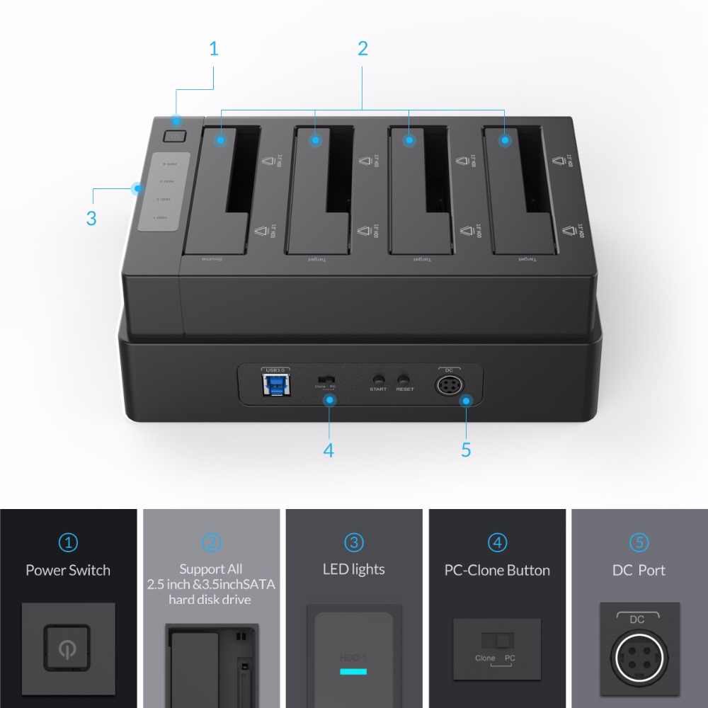 Docking hdd hard drive disk ssd orico 4 bay 2.5&quot; 3.5&quot; sata usb 3.0 offline clone station 5Gbps 6648us3-c