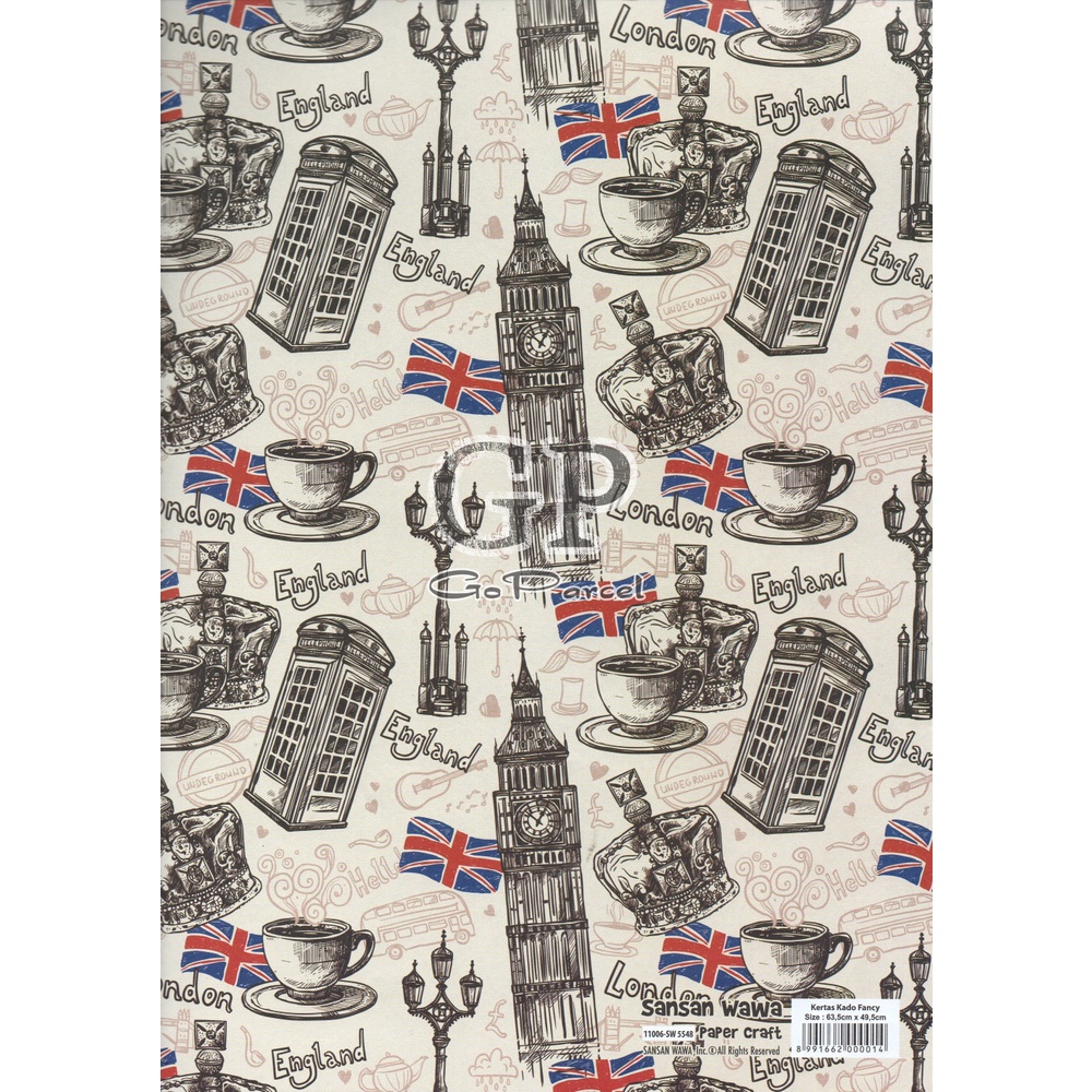 ( 5 Lembar ) KERTAS KADO LONDON - GIFT WRAP PAPER SANSAN WAWA BIG BEN EROPA / EUROPE PARIS / TEDDY BEAR / I LOVE LONDON / ROYAL MAIL / TOWER BRIDGE / OXFORD STREET / BIG RED BUS / DOUBLE DECKER RED BUS