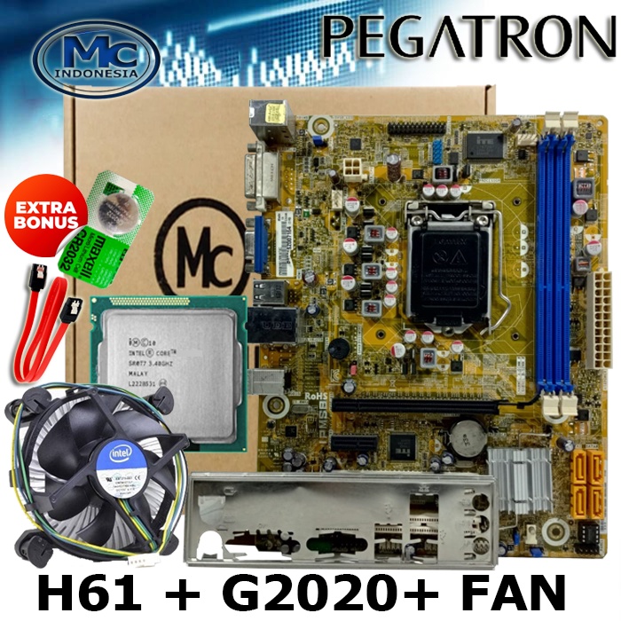 Paketan Mainboard Motherboard LGA 1155 H61 OEM + Processor G2020 + FAN