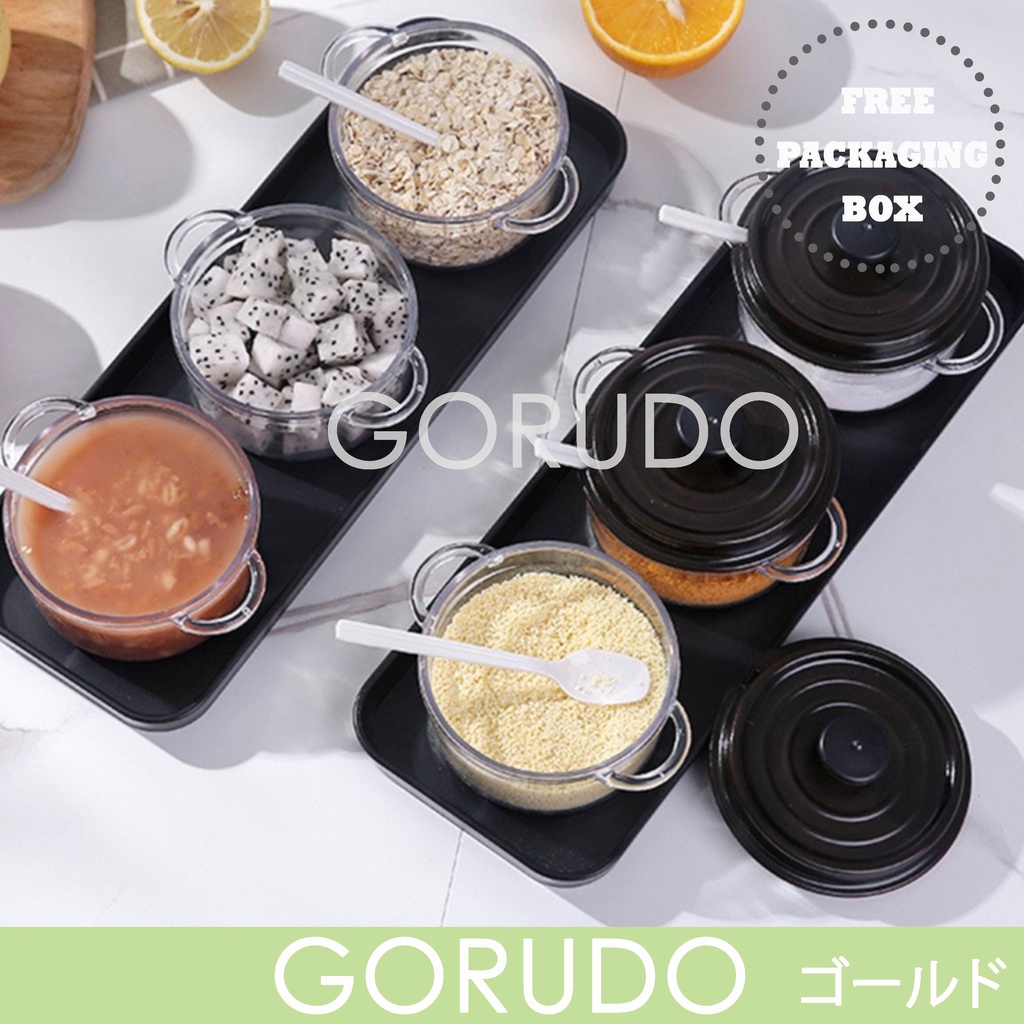 Tempat Bumbu Dapur Serbaguna bentuk Panci Unik + Sendok dan Tatakan Putih Toples Bening 3Pcs Condime