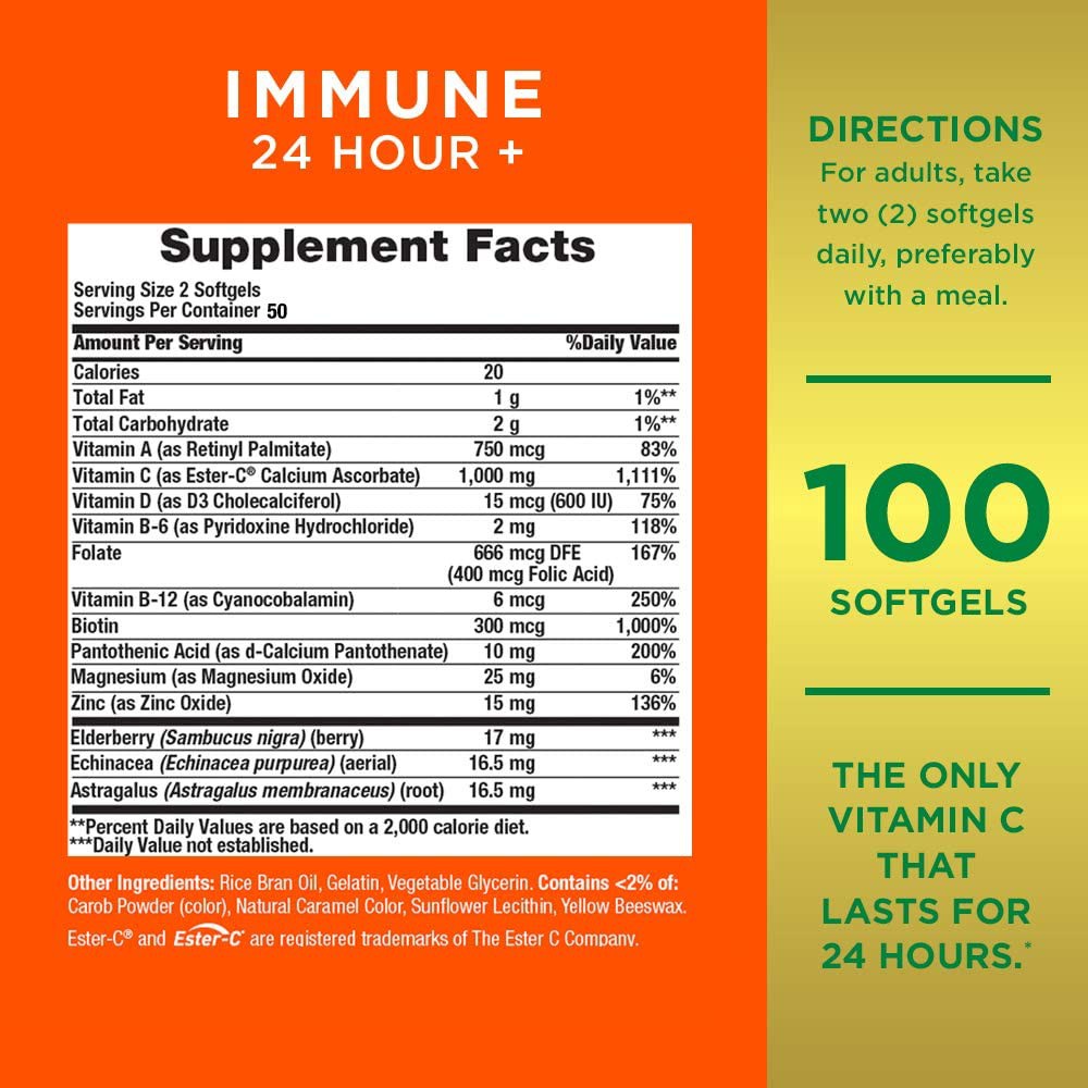 Natures Bounty Immune 24 hour vitamin C 1000mg + vitamin D &amp; Zinc 50 softgels kekebalan tubuh