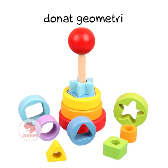 Zoetoys Menara Geometri Donat Pelangi | Ring Rainbow Tower | Menara Pelangi Kayu | Mainan Edukasi Anak