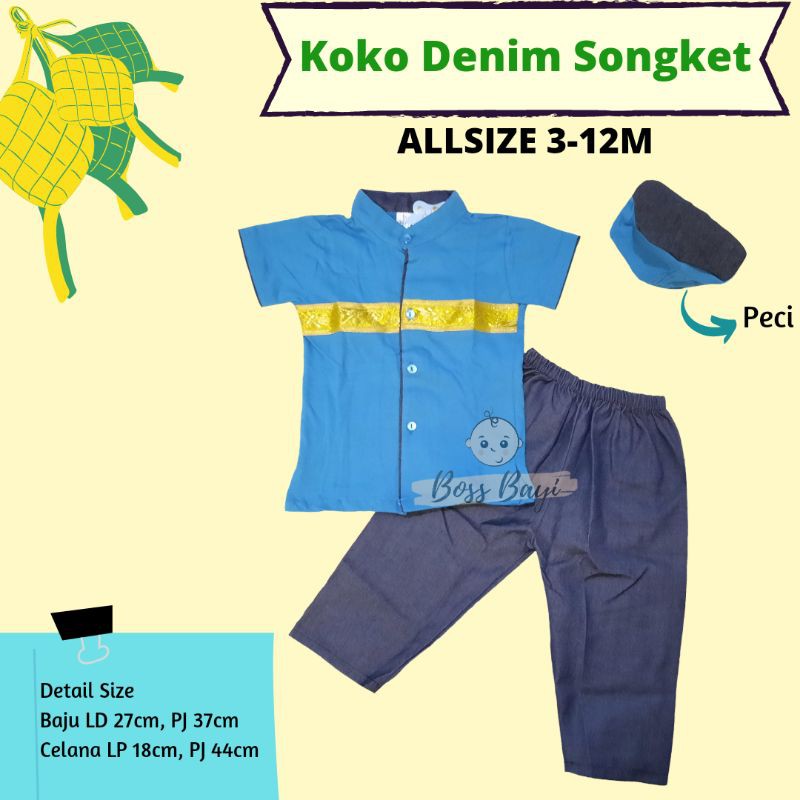 Setelan Koko Peci Anak 3-12bulan Denim Songket by Little Bebe