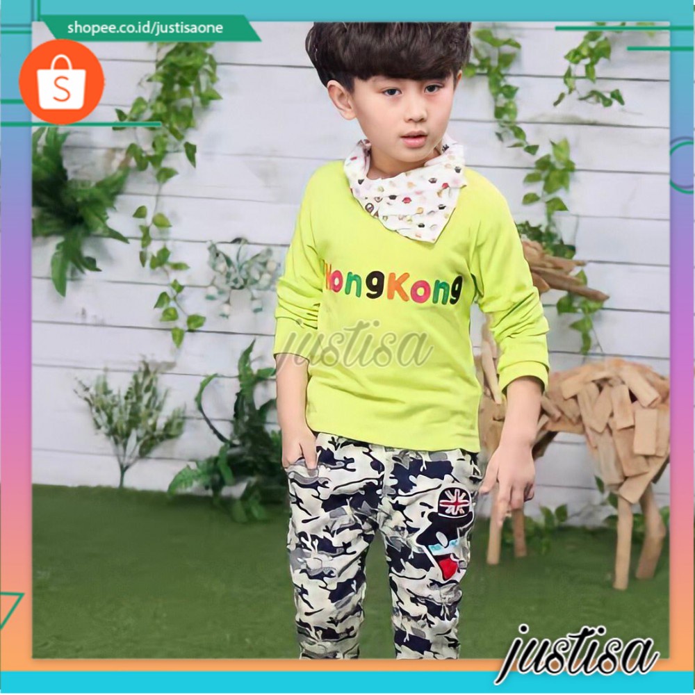 Promo !! Baju setelan anak cowo LS setelan hongkong green army import 1-2th uk S,M (hijau celana army)