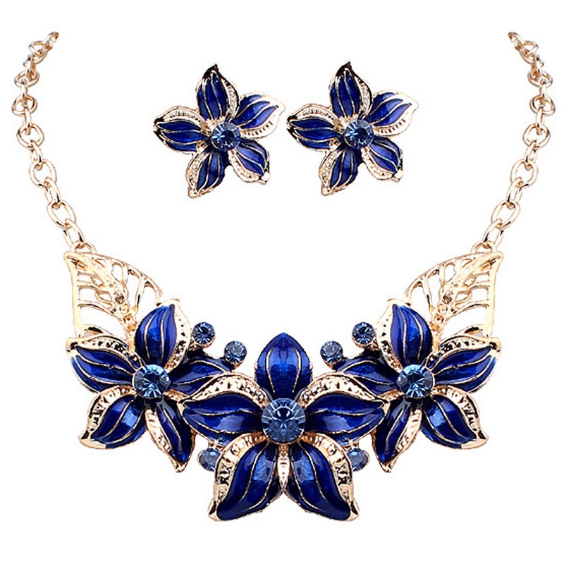 SIY  Fashion Women Gold Plated Crystal Flower Statement Necklace Earrings Jewelry Set