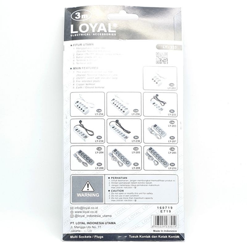 LY-233KB3 Loyal Premium Stop Kontak Arde 3 Lubang 3 Meter + Saklar Lampu Untuk Watt Besar / Colokan