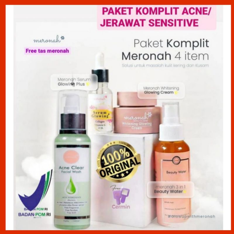 PAKET KOMPLIT ACNE KULIT WAJAH SENSITIVE ,FLEK,BRUNTUSAN,JERAWAT(CREAM,SABUNACNE,SERUMGLOW &amp;  BEAUTYWATER)