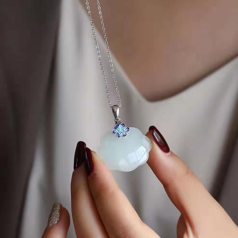 Kalung Sterling Silver S925 Hias Liontin Kunci Giok Burnt Biru Gaya China Untuk Wanita