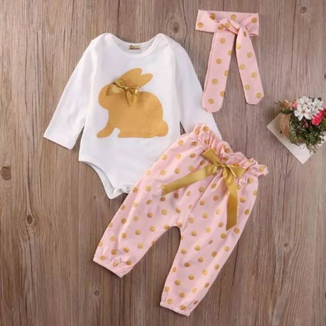 Setelan baby / bayi perempuan gold bunny celana polkadot cute + bandana