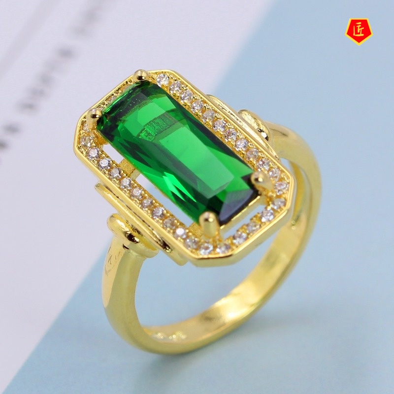 [Ready Stock]18K Gold Emerald Ring Elegant Graceful