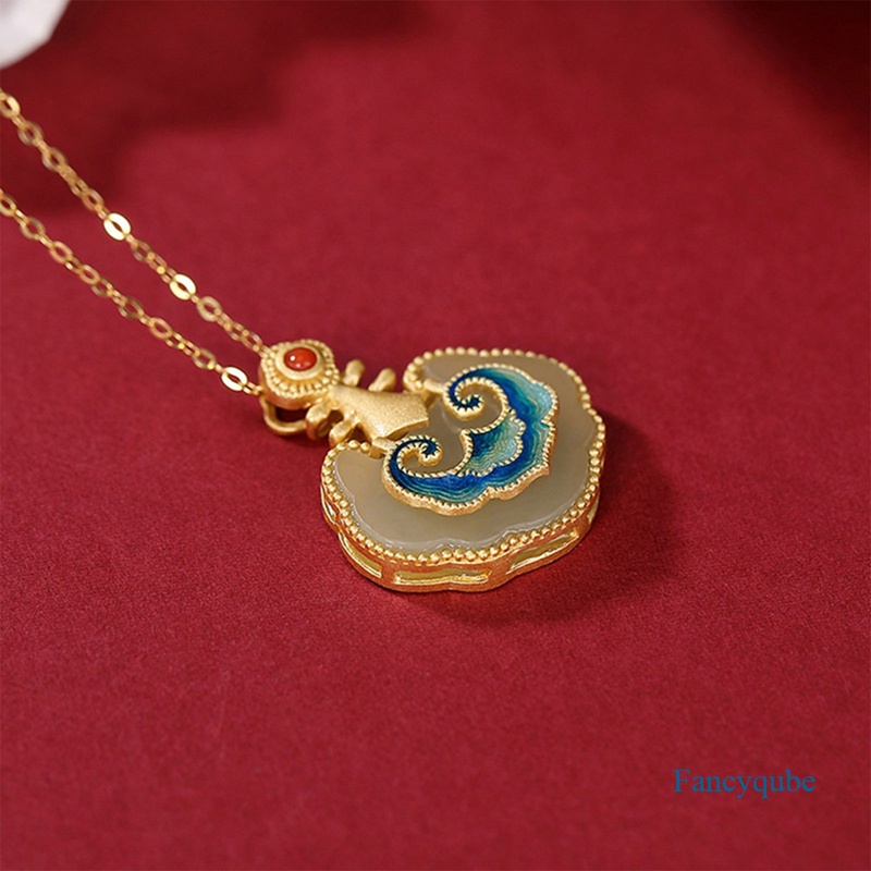 Kalung Lapis Emas Sterling Silver Dengan Liontin Batu Giok Hetian Cloisonne Ruyi