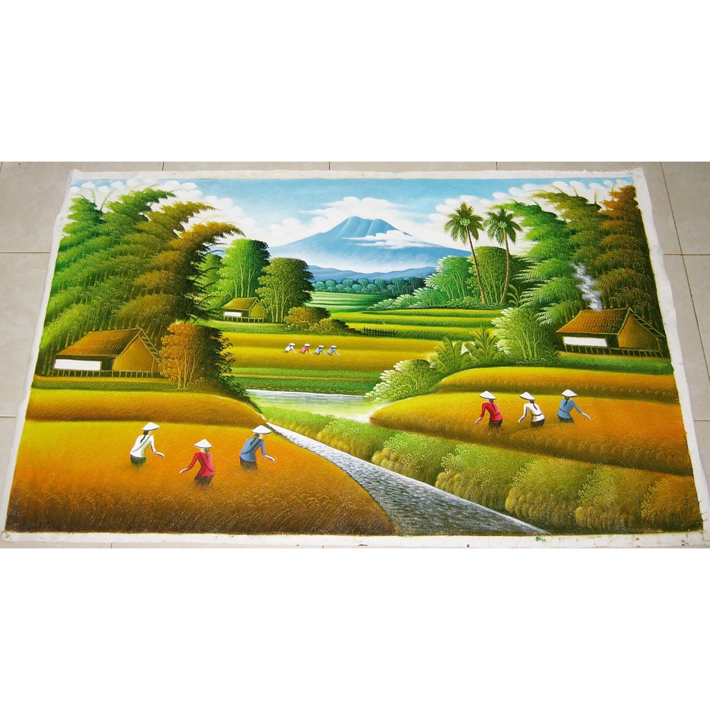 Lukisan Feng Shui Panen Padi Pemandangan Sawah Ukuran 135 X 85
