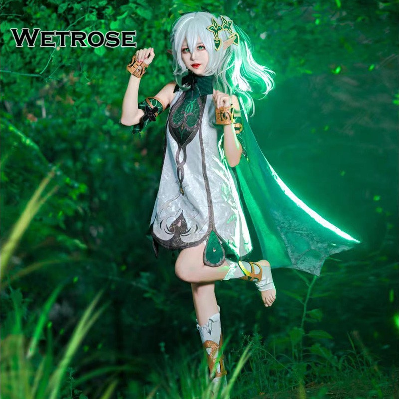 【Wetrose】Genshin Impact Sumeru Nahida Lesser Lord Kusanali Cosplay Costume Grass God Dendro Archon Set, Nahida Wig